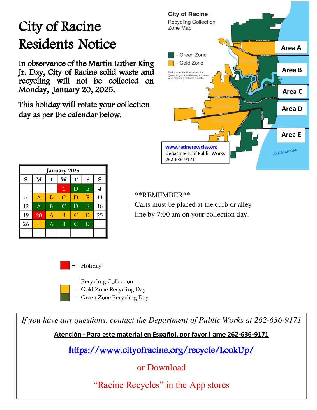 Racine, Wisconsin, residents notice regarding holiday recycling collection schedule for January 2025.