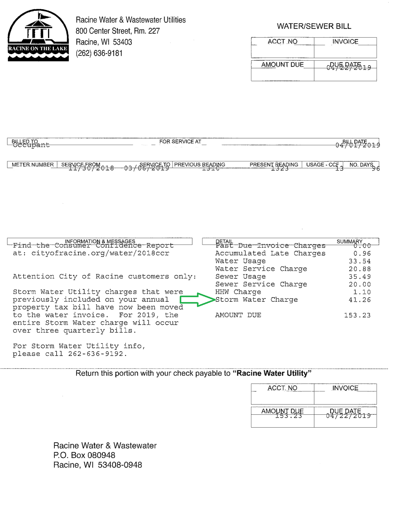 Racine Water & Wastewater Utilities bill showing storm water utility charges moved from property tax bill.