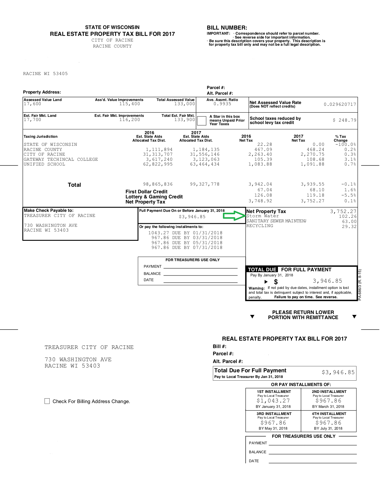 Wisconsin real estate property tax bill for 2017, showing property address, tax amounts, and payment details.
