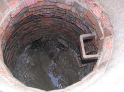 Looking down into a brick-lined well with water at the bottom and a metal ladder attached to the side.