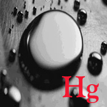 Mercury droplets with the chemical symbol Hg in red, illustrating the element's liquid state at room temperature.