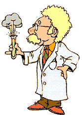 Cartoon scientist with frizzy hair holding a test tube with smoking liquid, wearing a lab coat and glasses.