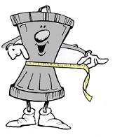 Cartoon trash can character measuring its waist with a yellow tape measure, smiling. Represents weight loss or dieting.