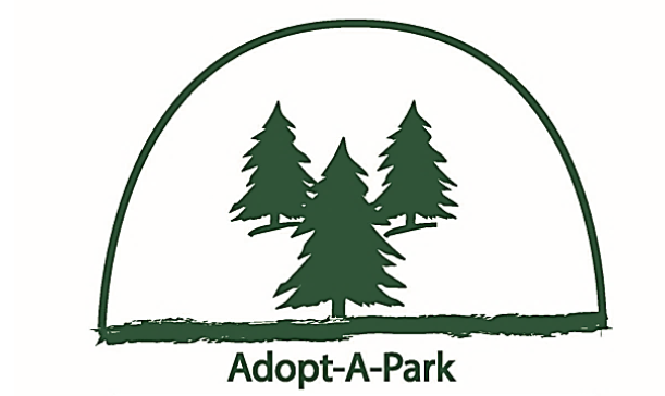 Adopt-A-Park logo: three evergreen trees under an arch, representing park adoption and environmental stewardship.