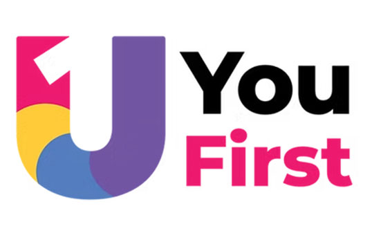 You First logo. The letter U is multicolored with the words 'You First' in black and pink.