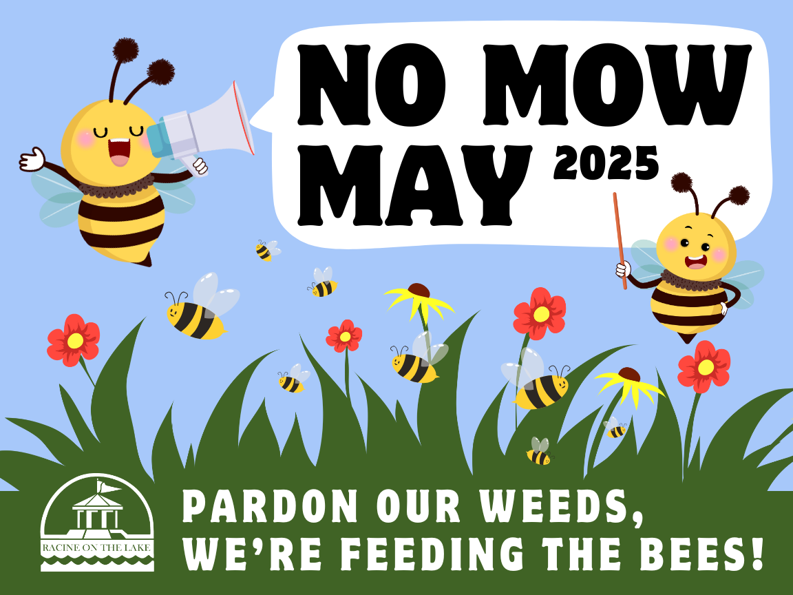 No Mow May 2025 promotional graphic: bees, flowers, and text "Pardon our weeds, we're feeding the bees!"