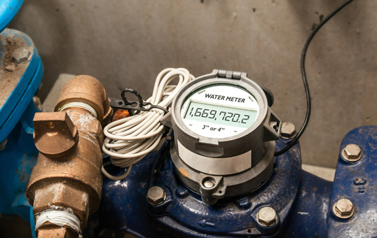 Close-up of a water meter displaying a reading of 1,669,720.2 gallons, connected to blue and copper pipes.