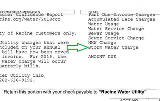 Racine water bill excerpt showing the 'Storm Water Charge' highlighted with a green arrow.