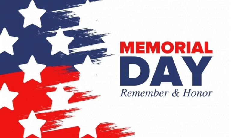 Memorial Day graphic with stars and stripes, text reads "Memorial Day Remember & Honor."