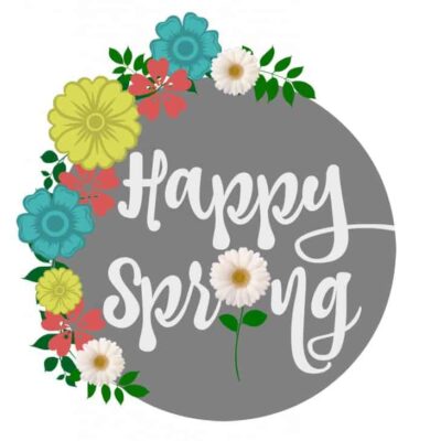 Happy Spring text surrounded by colorful flowers on a gray circular background. Celebratory spring design.