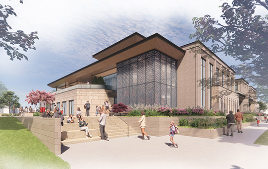 Architectural rendering of a modern building with people on the steps and surrounding walkway.