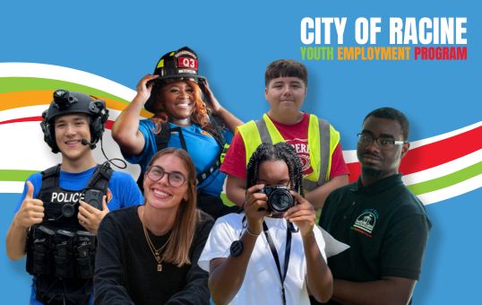 City of Racine Youth Employment Program promotional image featuring diverse young people in various career attire.