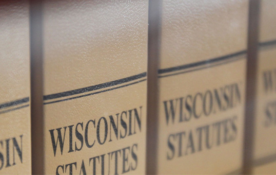 Close-up of Wisconsin Statutes books on a shelf, focusing on the spines with the title visible.