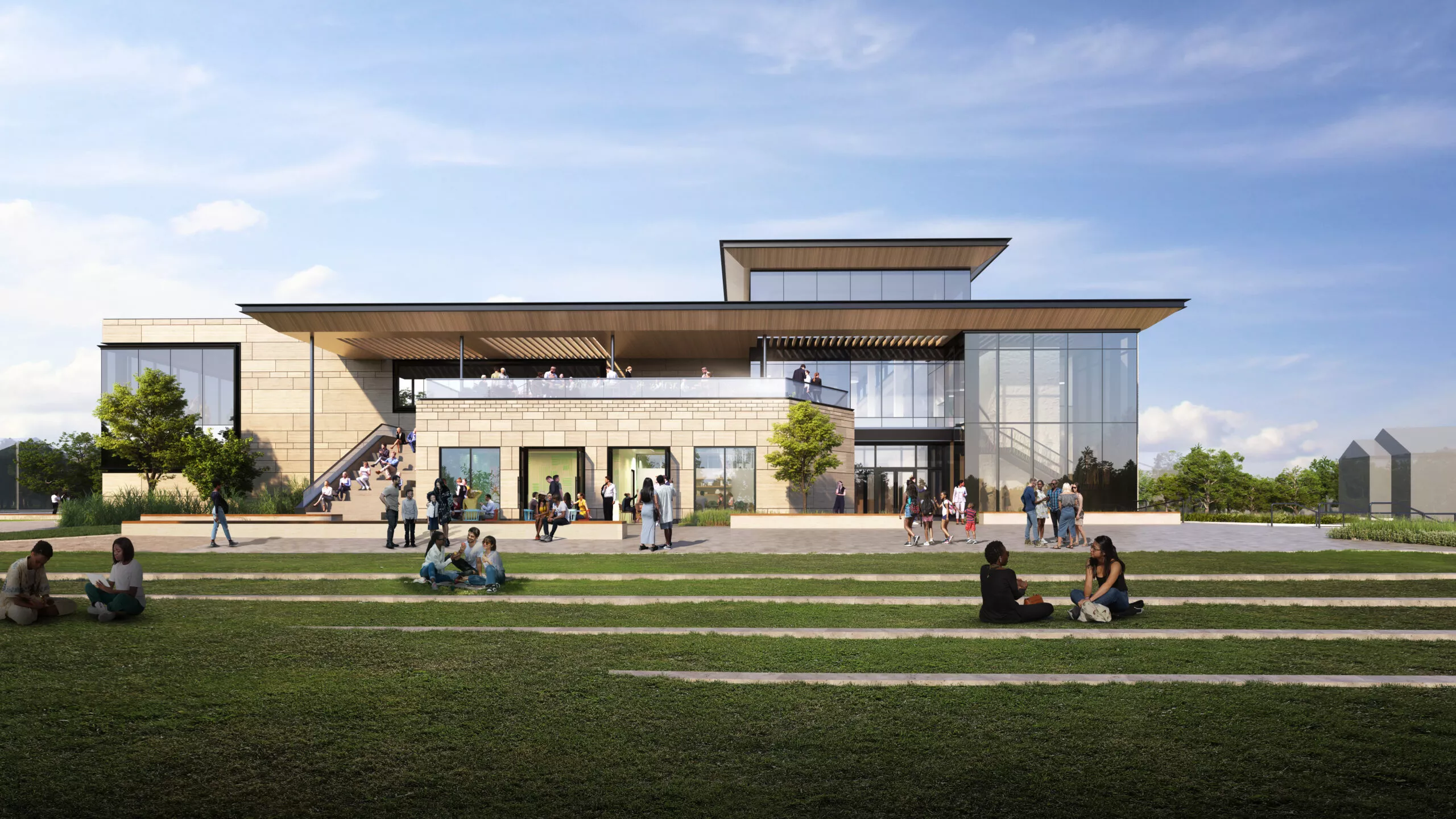 Rendering of a modern, multi-story building with a green lawn and people gathering outside on steps and grass.