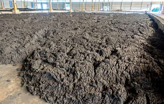 Large pile of dark, textured sludge or sediment filling a concrete containment area inside a building.