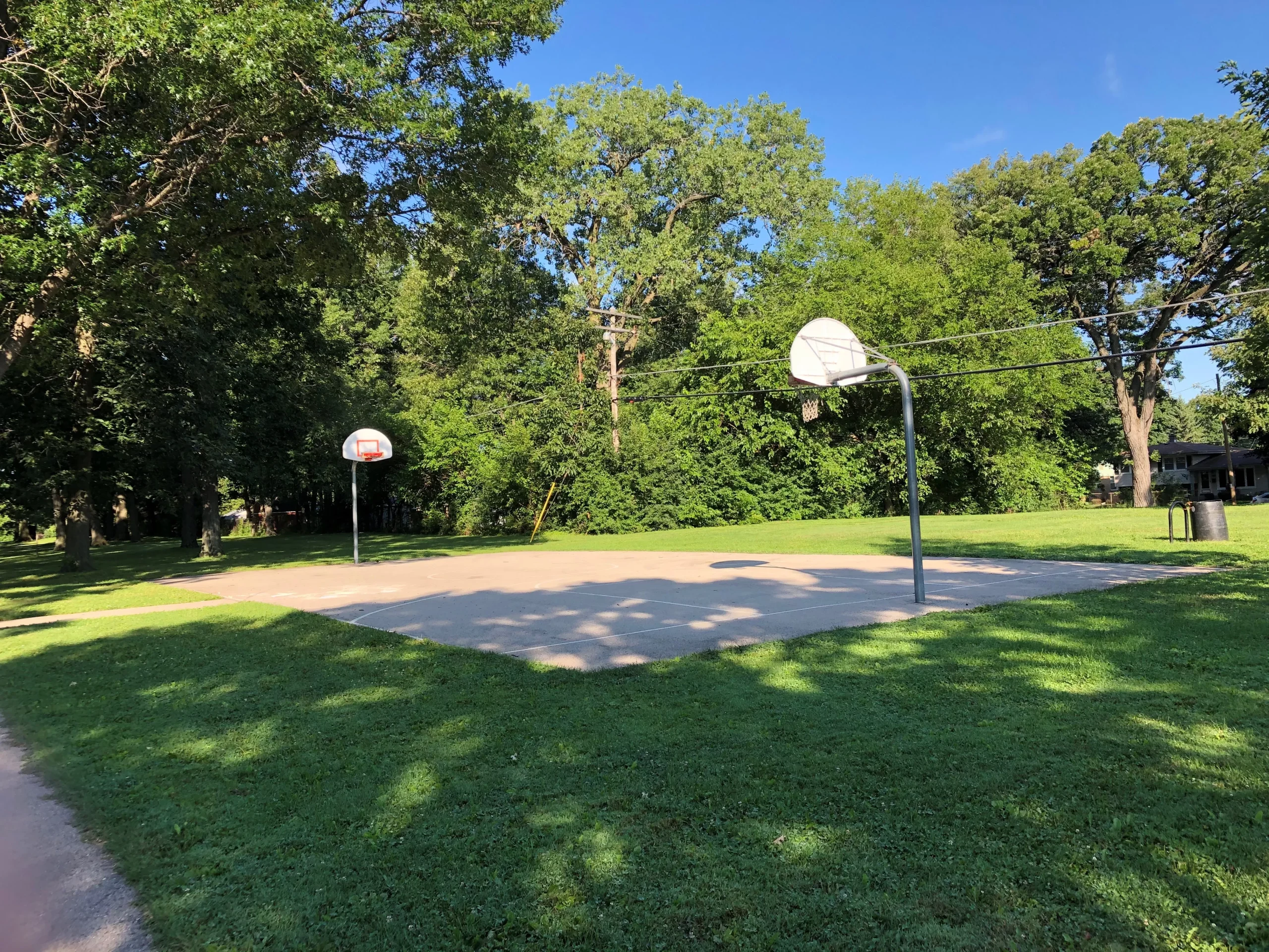 Outdoor basketball court with two hoops surrounded by green grass and trees on a sunny day.