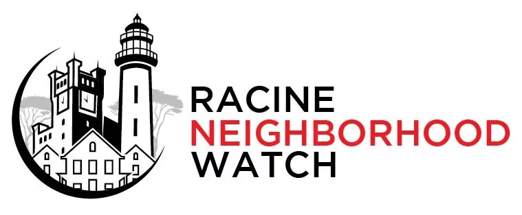 Racine Neighborhood Watch logo featuring a lighthouse and buildings within a circular design.