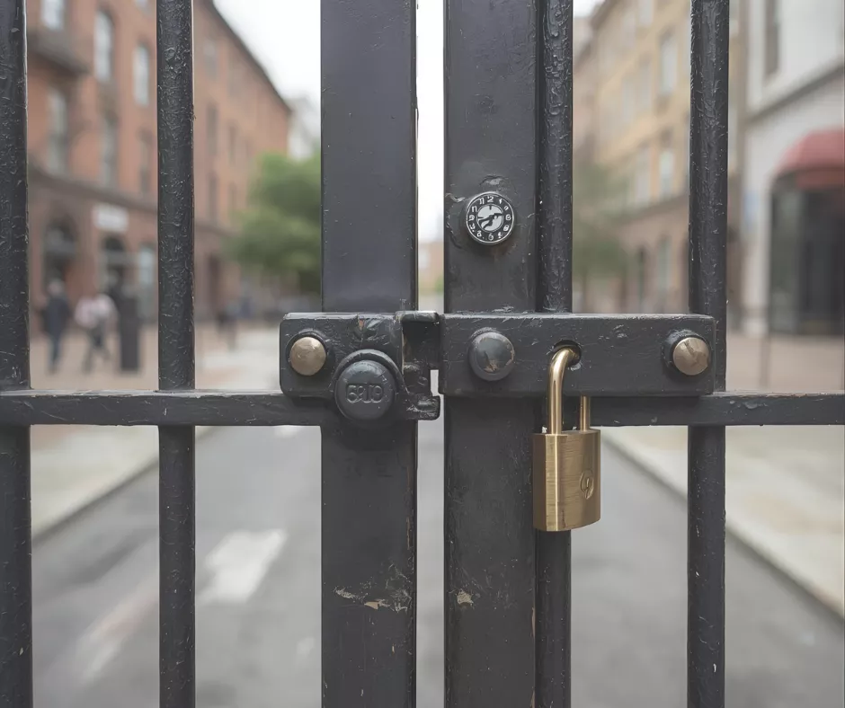 Locked black metal gate with a brass padlock, street scene blurred in the background.
