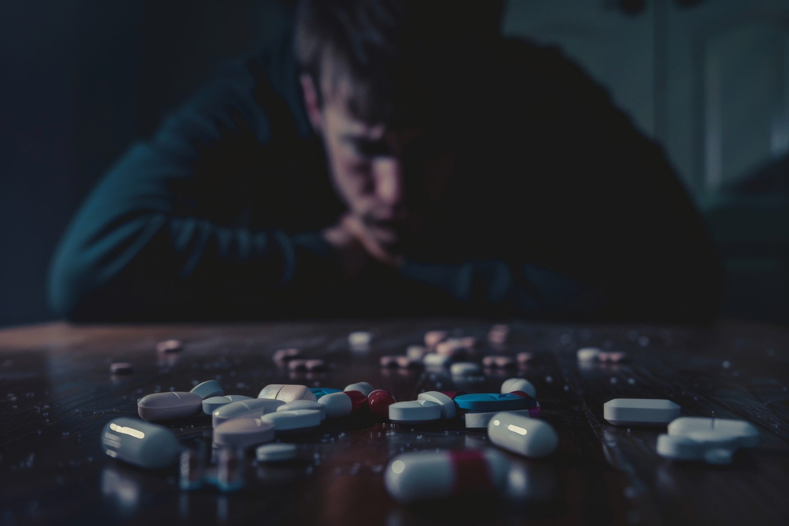 Pills scattered on a table with a person in the background, head in hands, suggesting depression or substance abuse.