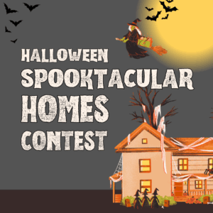Halloween Spooktacular Homes Contest graphic with witch flying on broom, bats, and decorated house.