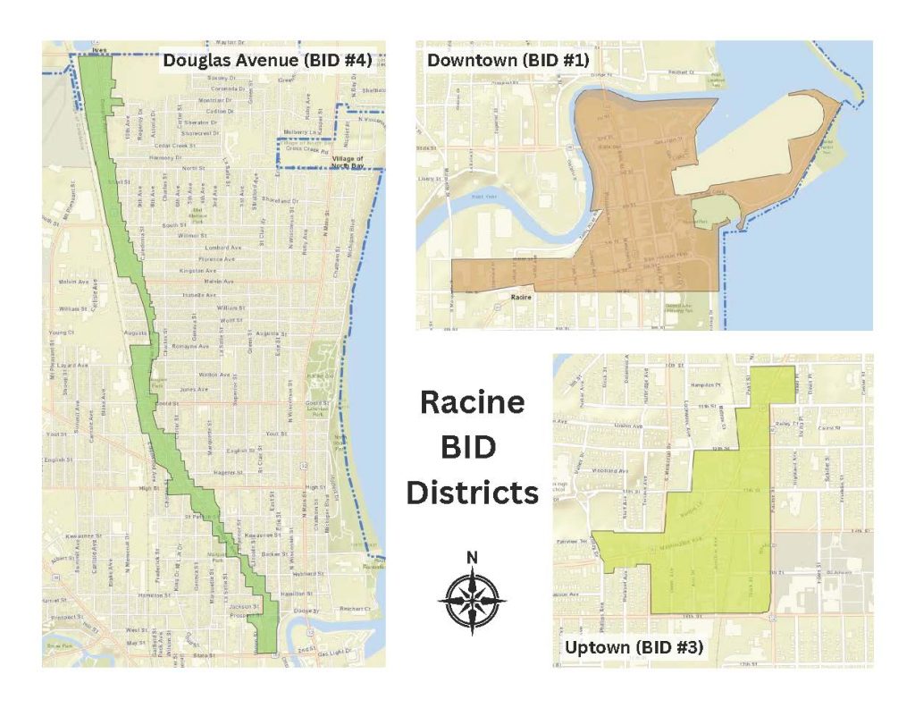A map displaying the boundaries of Racine's three Business Improvement Districts