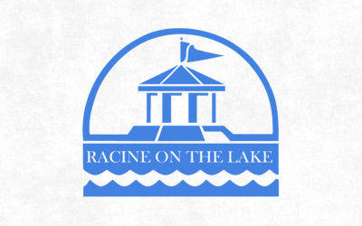 Racine on the Lake logo. Blue pavilion icon above stylized waves, enclosed in a semi-circular frame.