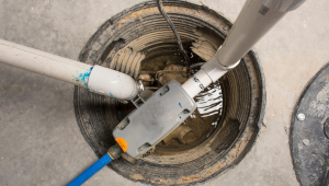 A birdseye view of a basement sump pump well.