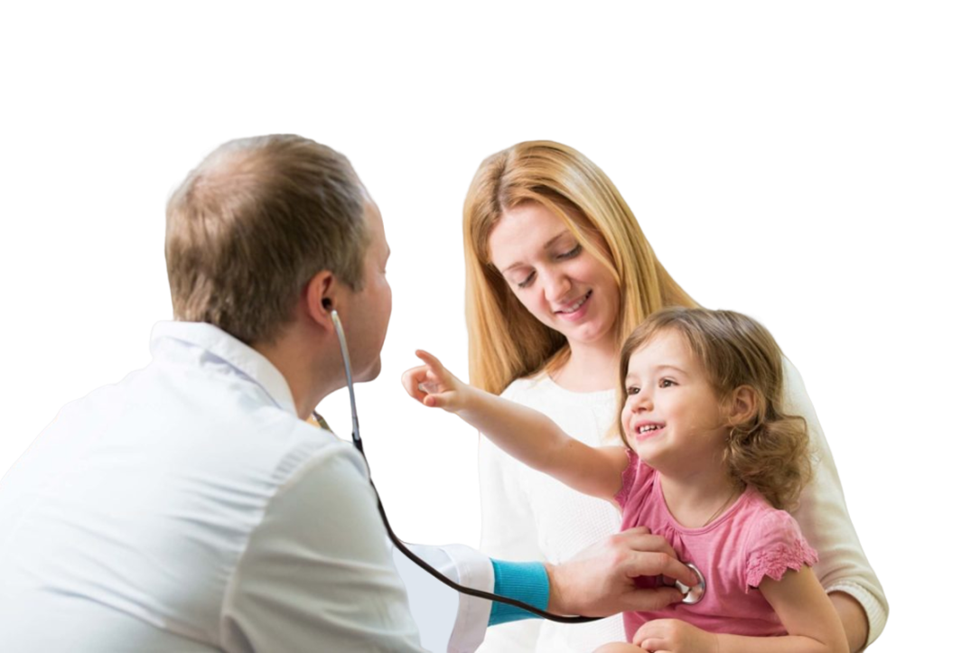 Doctor listening to a young girl's heartbeat with a stethoscope, mother present. Child smiling during checkup.