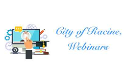 City of Racine Webinars graphic. Hand points to computer screen showing a person in a video call.