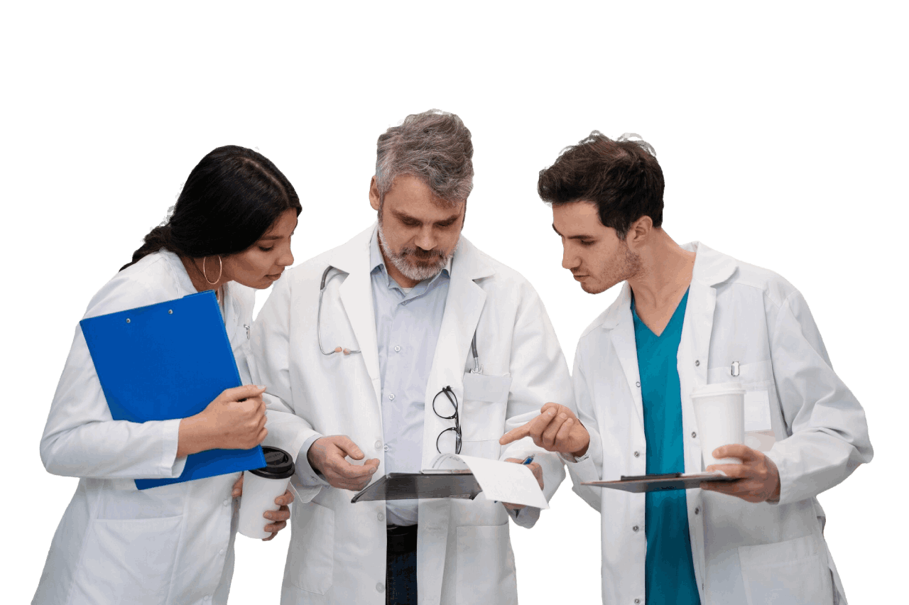 Three doctors in white coats review patient information on a clipboard, collaborating on a diagnosis.