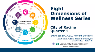 Eight dimensions of wellness wheel, including emotional, occupational, intellectual, environmental, financial, social,