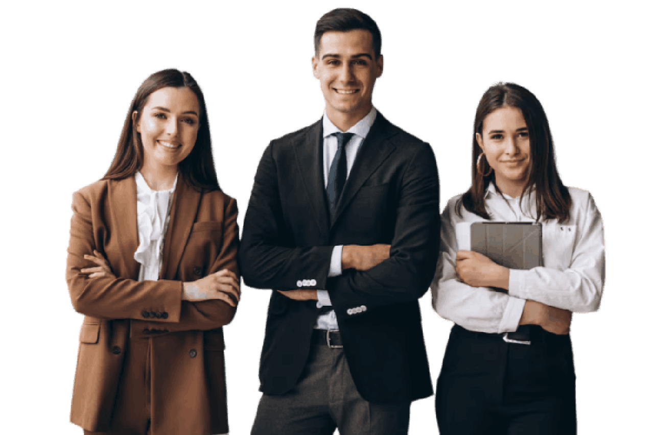 Three smiling professionals in business attire stand together, conveying teamwork and success.