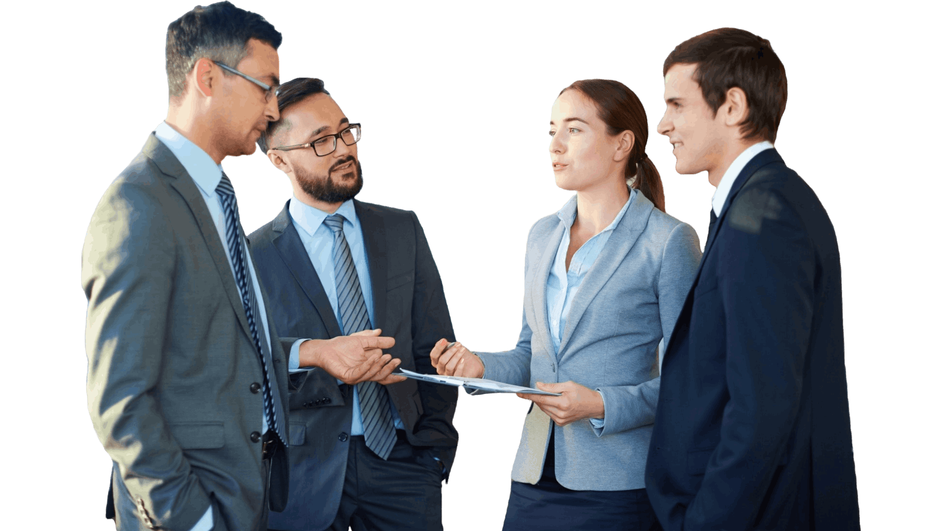 Four business professionals in suits discussing documents. Teamwork and collaboration in a corporate setting.