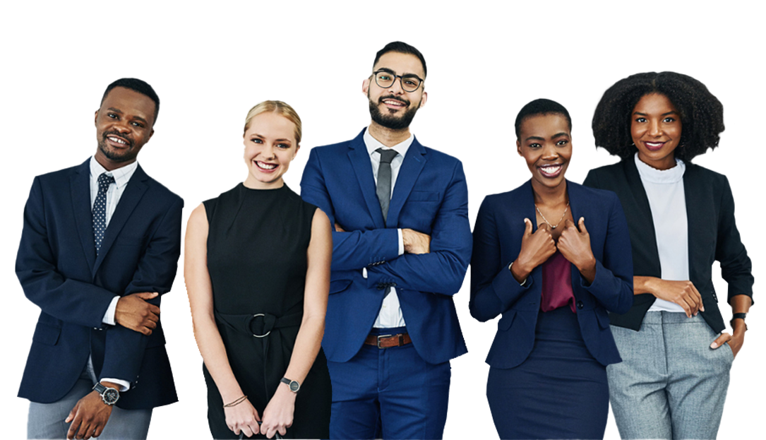 Group of five diverse professionals in business attire smiling against a black background.
