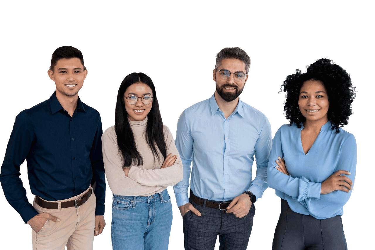 Four diverse professionals smiling with arms crossed against a black background. Represents teamwork and collaboration.