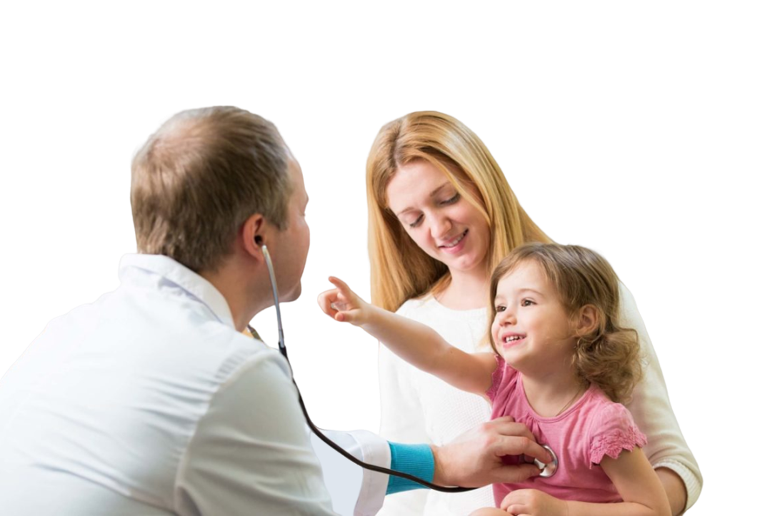 Doctor examining a young girl with her mother present. The child is smiling and reaching out to the doctor.