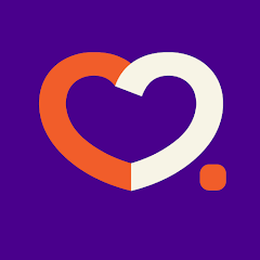 Stylized heart logo: orange left side, white right side, small orange square in lower right, on purple background.