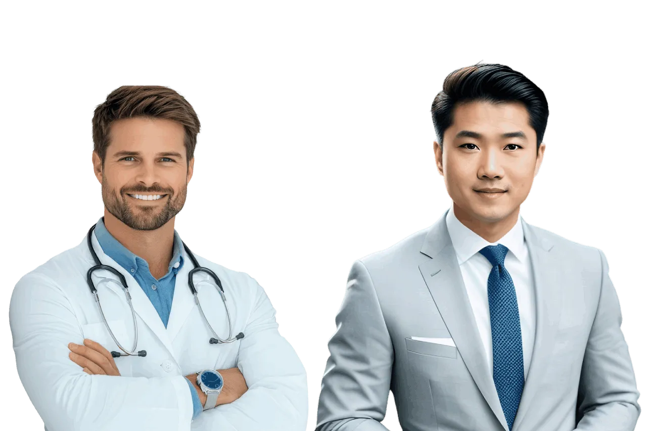 Two professionals: a smiling doctor with a stethoscope and a businessman in a suit, both looking at the camera.