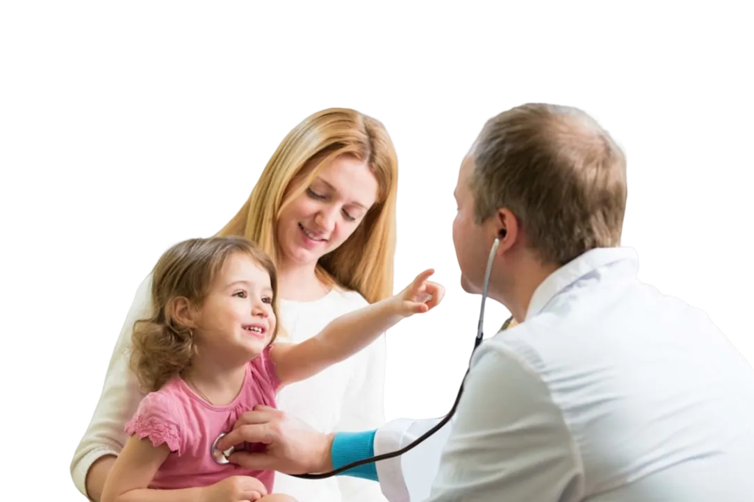 Doctor examining a young girl with her mother present. The girl is smiling and reaching towards the doctor.