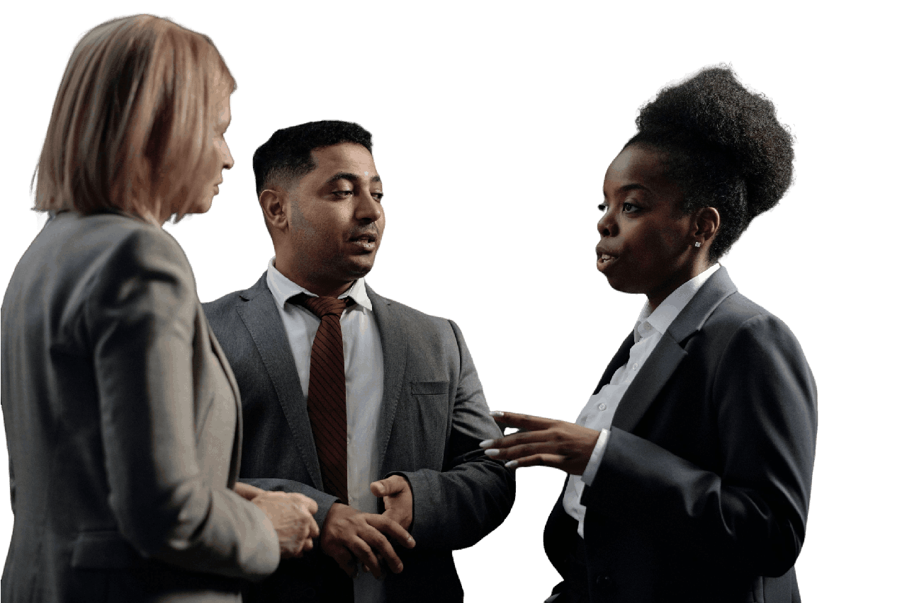 Three business colleagues in suits having a discussion. Diverse team collaborating and sharing ideas.