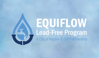 Equiflow Lead-Free Program logo for City of Racine & CIP Partnership. Water drop icon with faucet inside.