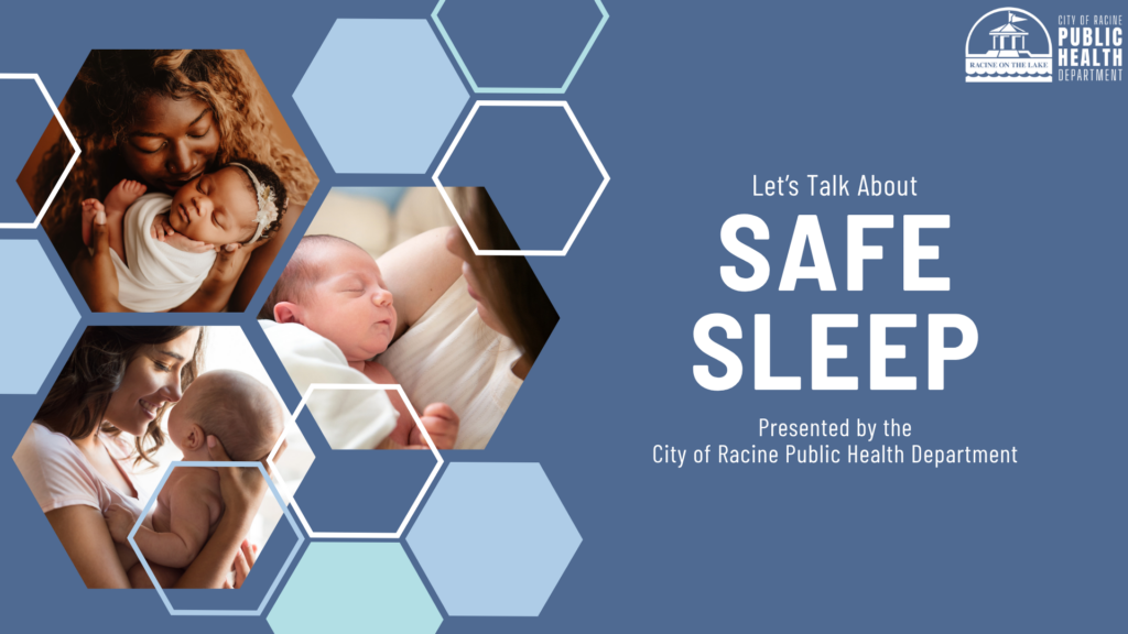 Title page of online Safe Sleep educational module. Features infants and their caregivers in a geometric pattern with a blue background.