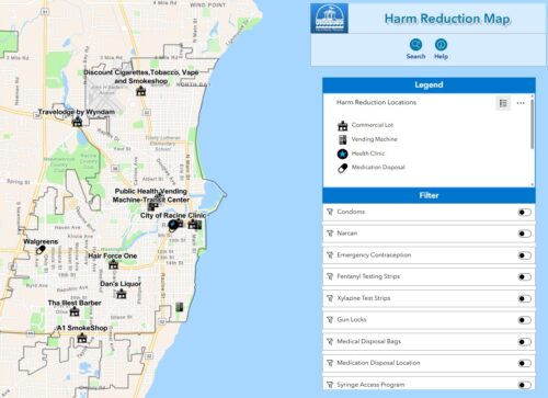 Harm Reduction Map of Racine County, Wisconsin, showing locations for services like naloxone and medication disposal.