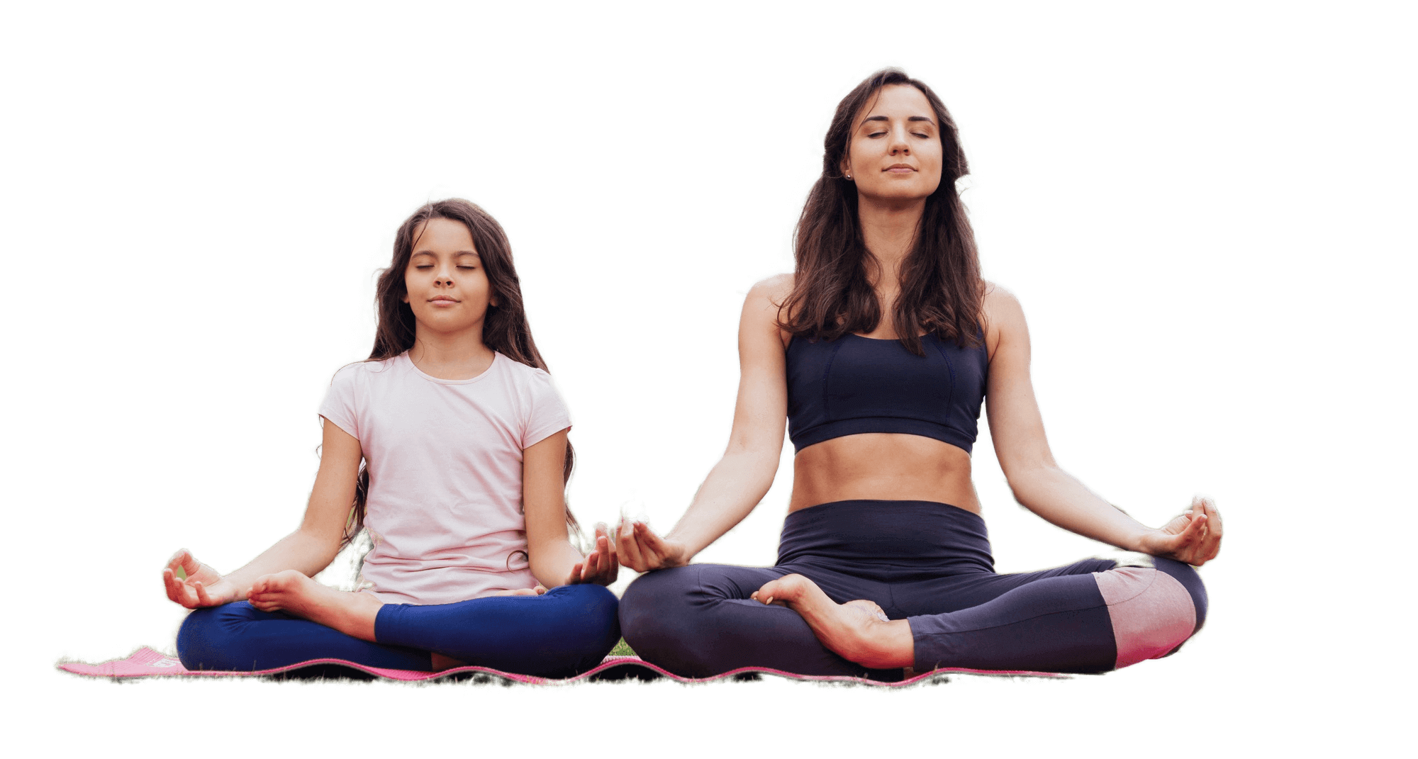 Mother and daughter meditating in lotus position on a yoga mat, eyes closed, hands in mudra.
