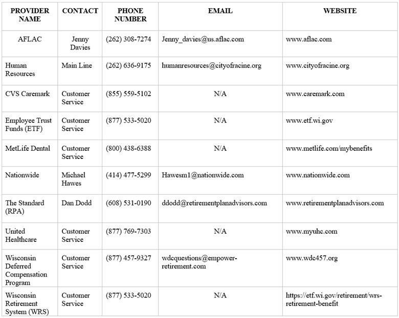 Table listing provider names, contact information, phone numbers, email addresses, and website URLs.