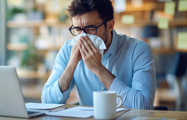 Man with glasses blowing his nose into a tissue while working at a desk with a laptop and coffee mug.