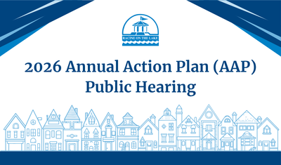 Promotional graphic for the 2026 Annual Action Plan (AAP) Public Hearing, featuring a cityscape and the city logo.