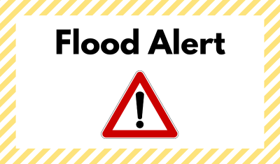 Flood Alert message with a red triangle warning sign on a white background with a yellow striped border.
