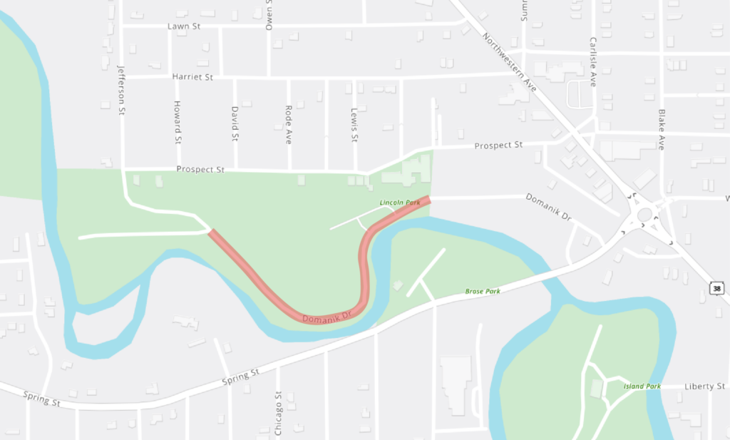 A map of the Lincoln Park area depicting the closure of Domanik Drive along the Root River.