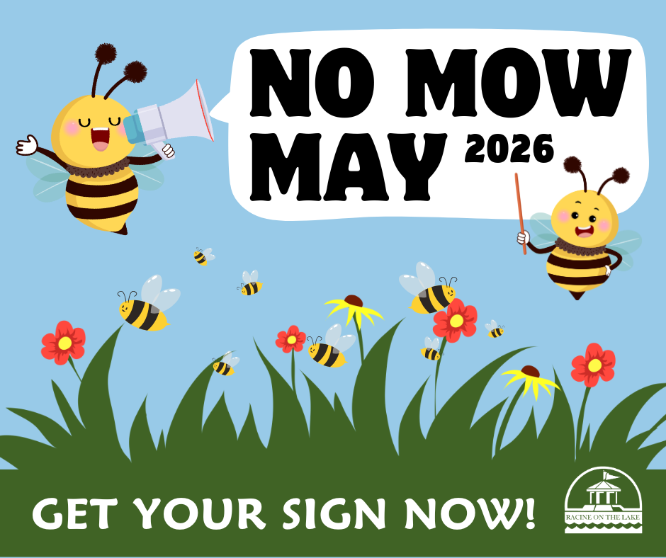 Graphic advertising No Mow May 2026 featuring cartoon bees in a field of flowers. The City logo appears next to the words "Get Your Sign Now!"